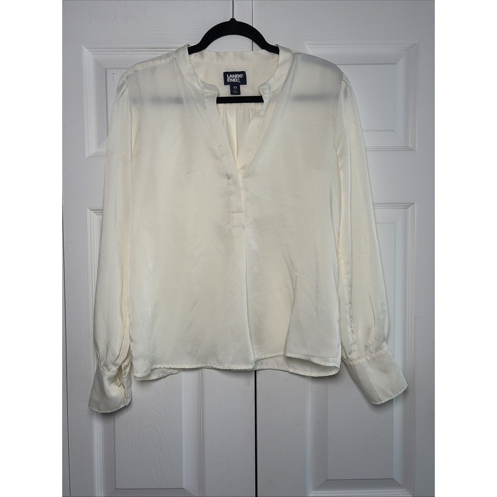 Lands End Split Neck Blouse Womens Size XS Ivory Jacquard Long Sleeve Career Top
